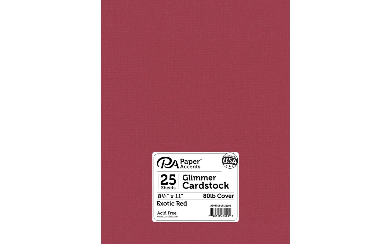 PA Paper Accents Glimmer Cardstock 8.5 x 11 Exotic Red, 80lb colored cardstock  paper for card making, scrapbooking, printing, quilling and crafts, 25  piece pack